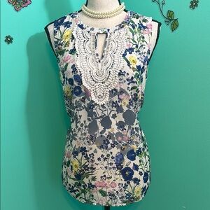 Pale Sky Floral Sleeveless Top with Lace Detail